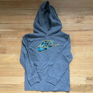 Nike boys gray hooded long sleeved shirt.